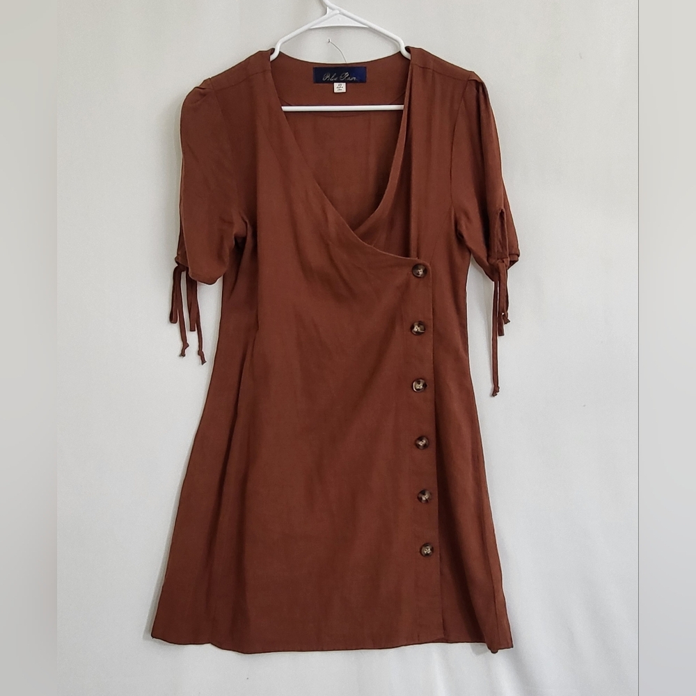 Francesca's Blue Rain Jamison Button Down Wrap Dress Linen Blend Brown XS $48